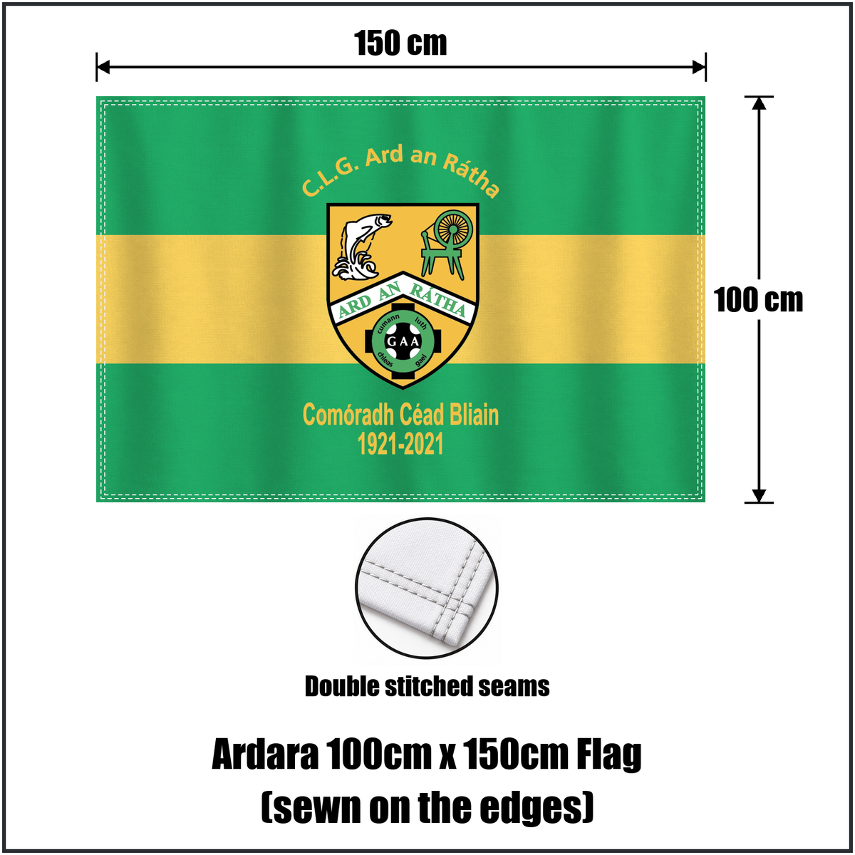 Ardara 100cm x 150cm Flag (sewn on the edges), featuring the club crest and green and yellow colours; County Donegal GAA. ClubFlags.ie.