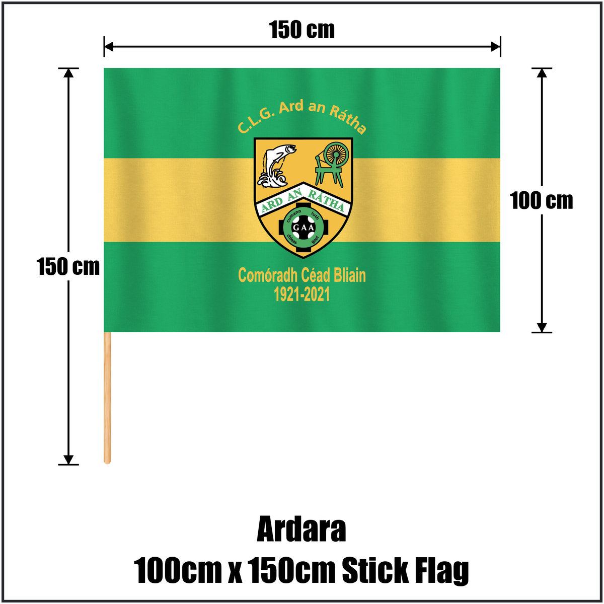 Ardara 100cm x 150cm Stick Flag, featuring the club crest and green and yellow colours; County Donegal GAA. ClubFlags.ie.