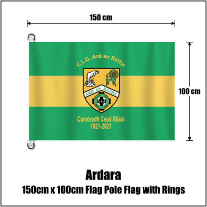 Ardara 150cm x 100cm Flag Pole Flag with Rings, featuring the club crest and green and yellow colours; County Donegal GAA. ClubFlags.ie.
