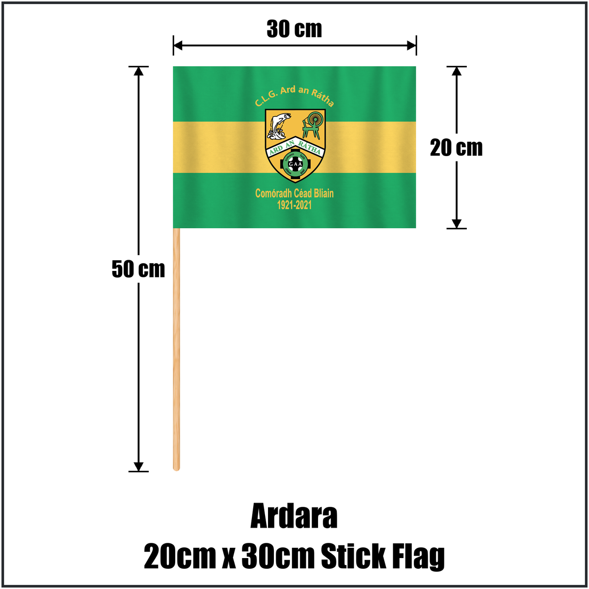 Ardara 20cm x 30cm Stick Flag, featuring the club crest and green and yellow colours; County Donegal GAA. ClubFlags.ie.