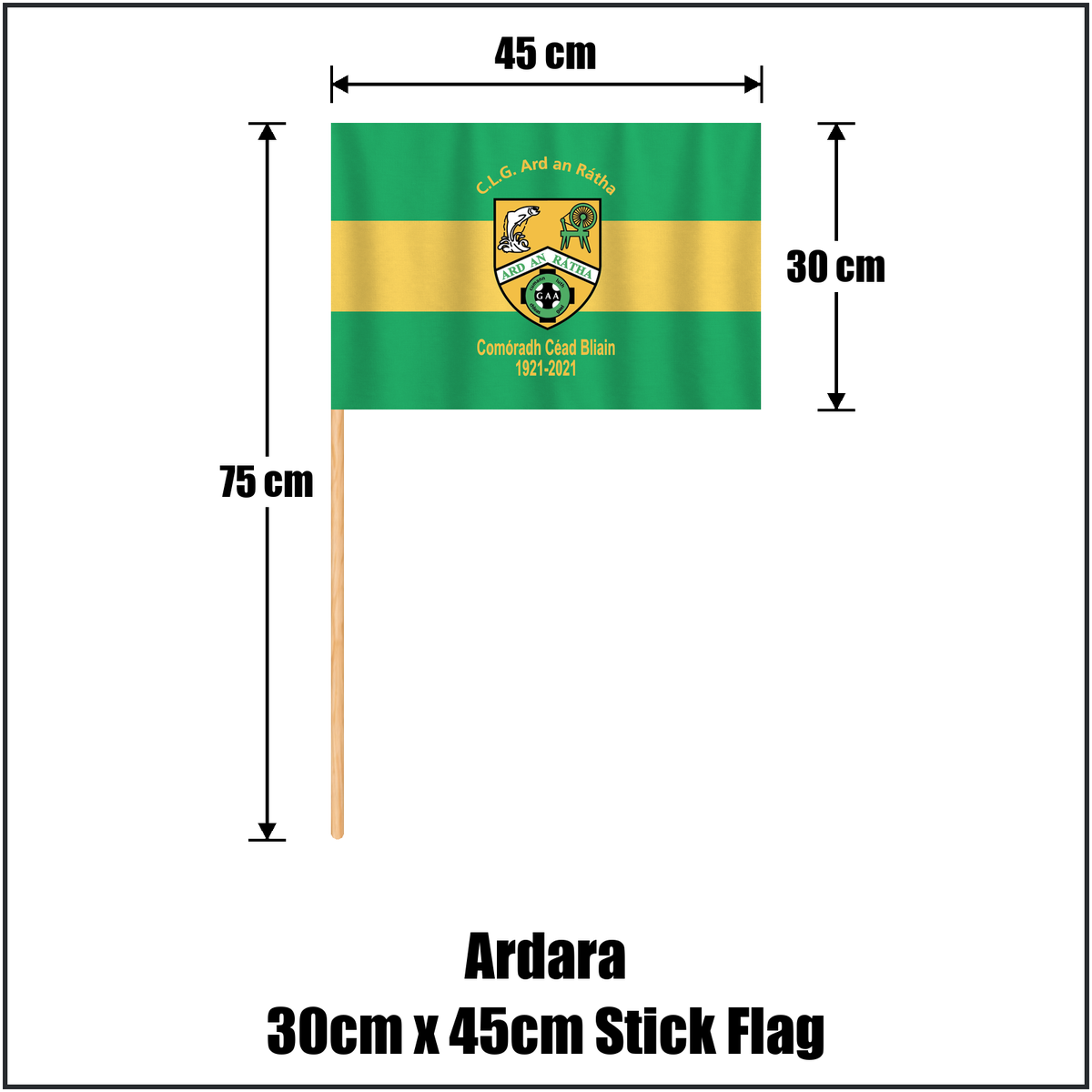 Ardara 30cm x 45cm Stick Flag, featuring the club crest and green and yellow colours; County Donegal GAA. ClubFlags.ie.
