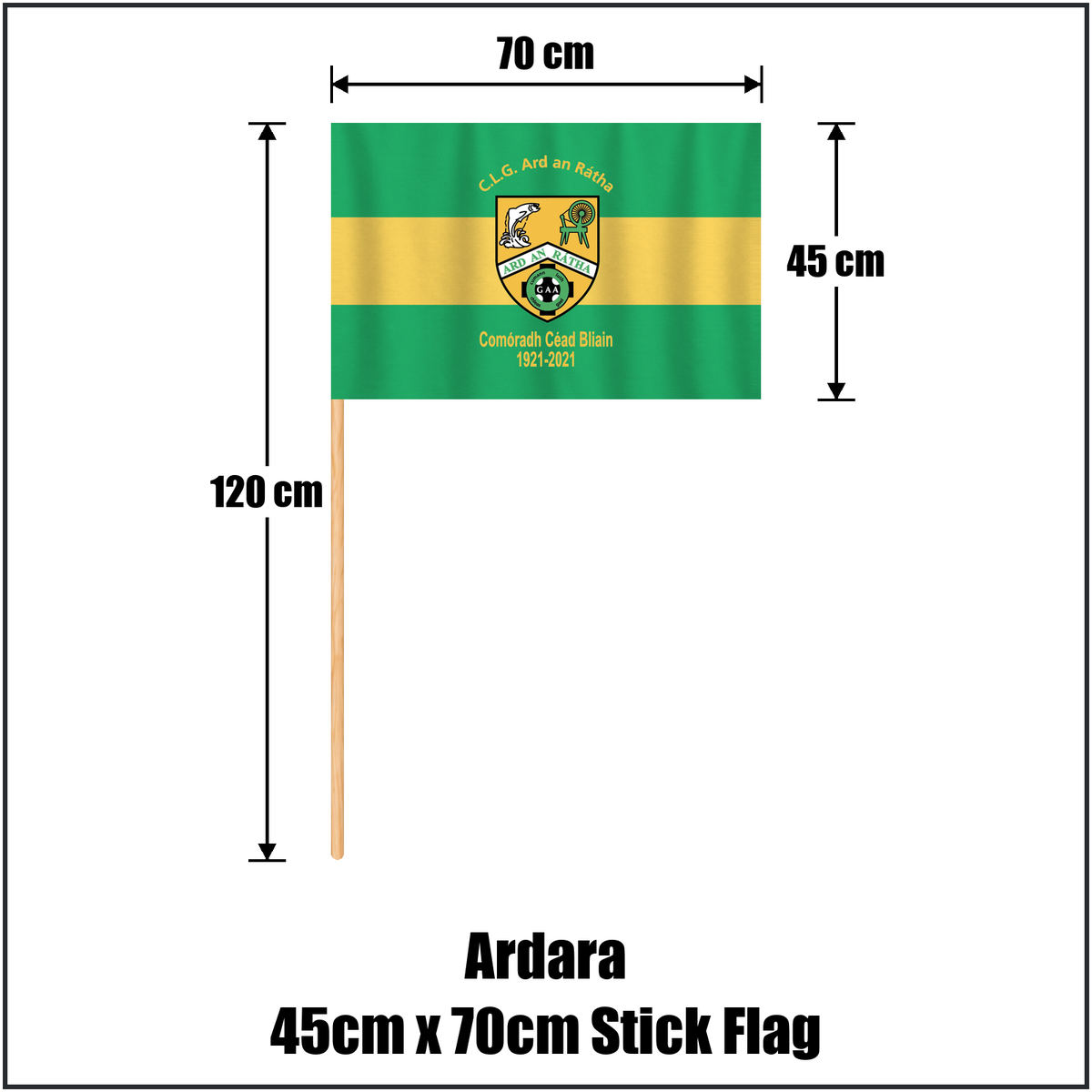 Ardara 45cm x 70cm Stick Flag, featuring the club crest and green and yellow colours; County Donegal GAA. ClubFlags.ie.