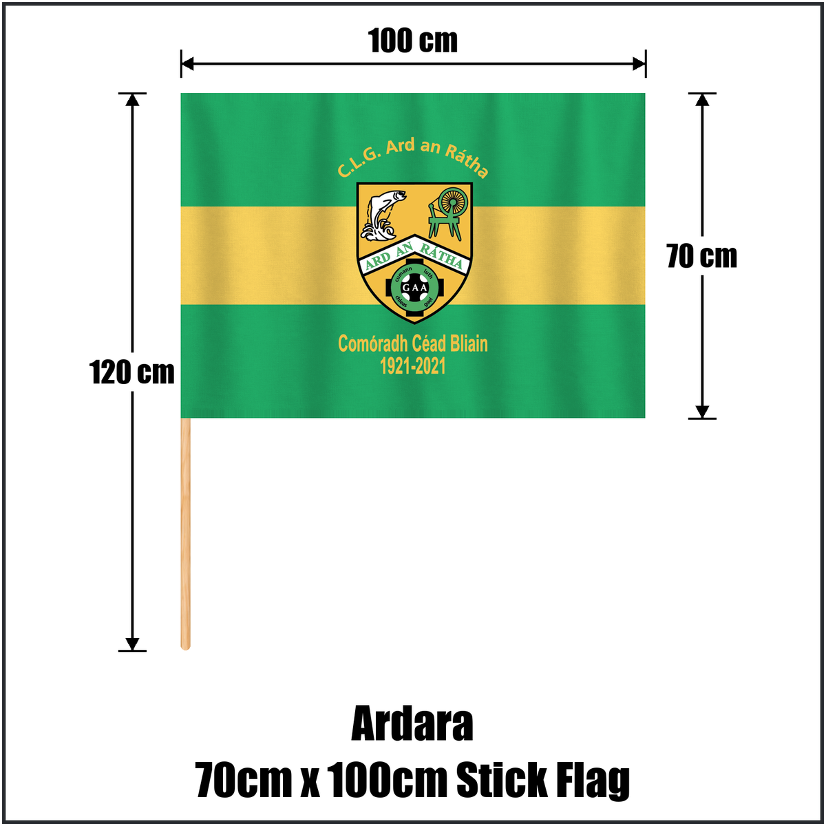 Ardara 70cm x 100cm Stick Flag, featuring the club crest and green and yellow colours; County Donegal GAA. ClubFlags.ie.