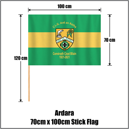 Ardara 70cm x 100cm Stick Flag, featuring the club crest and green and yellow colours; County Donegal GAA. ClubFlags.ie.