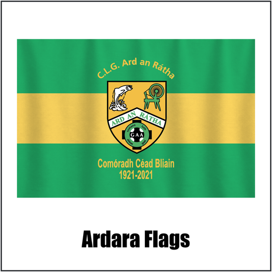 Ardara Flags, featuring the club crest and green and yellow colours; County Donegal GAA. ClubFlags.ie.