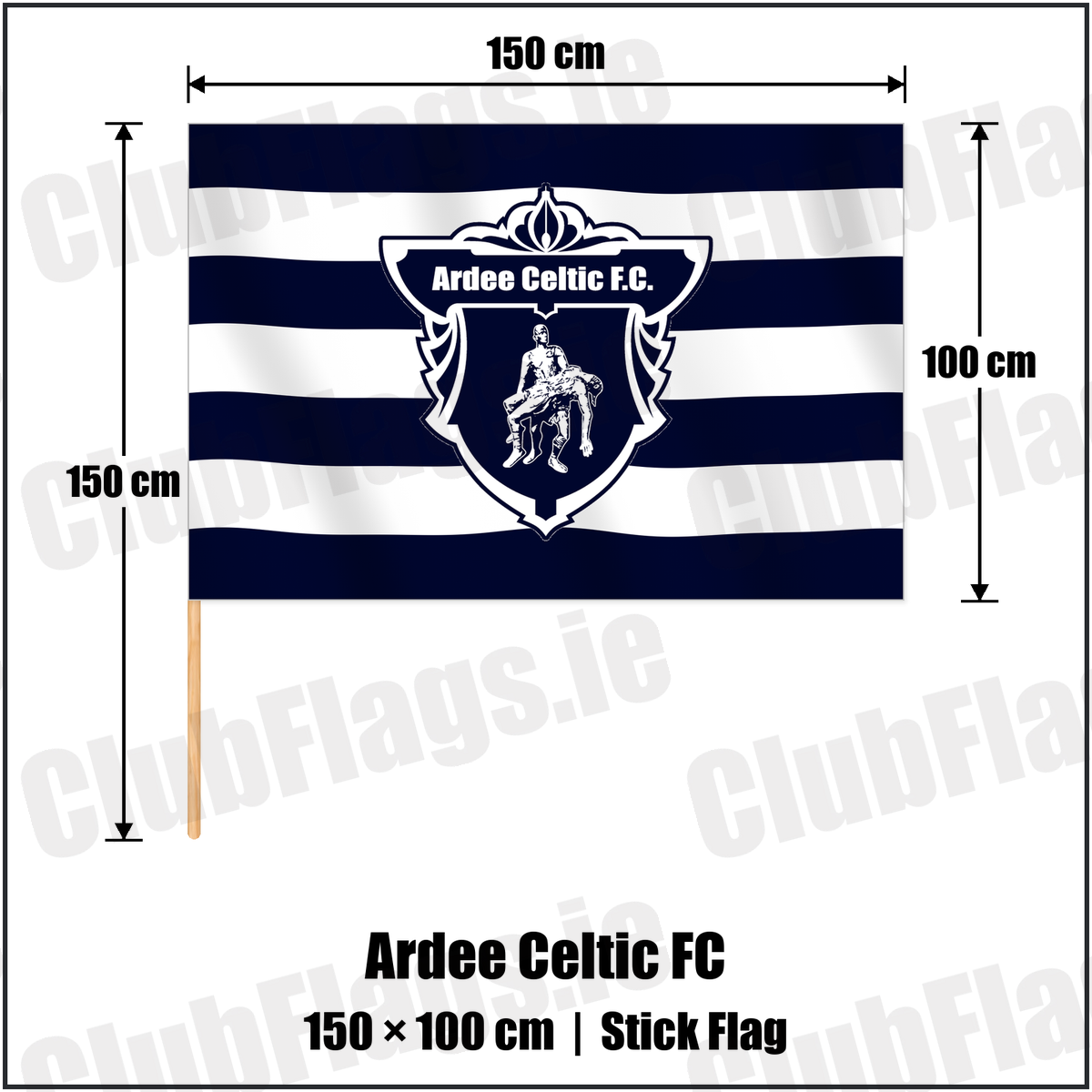 Ardee Celtic FC 100cm x 150cm Stick Flag with the club crest and colours, Louth Football - ClubFlags.ie