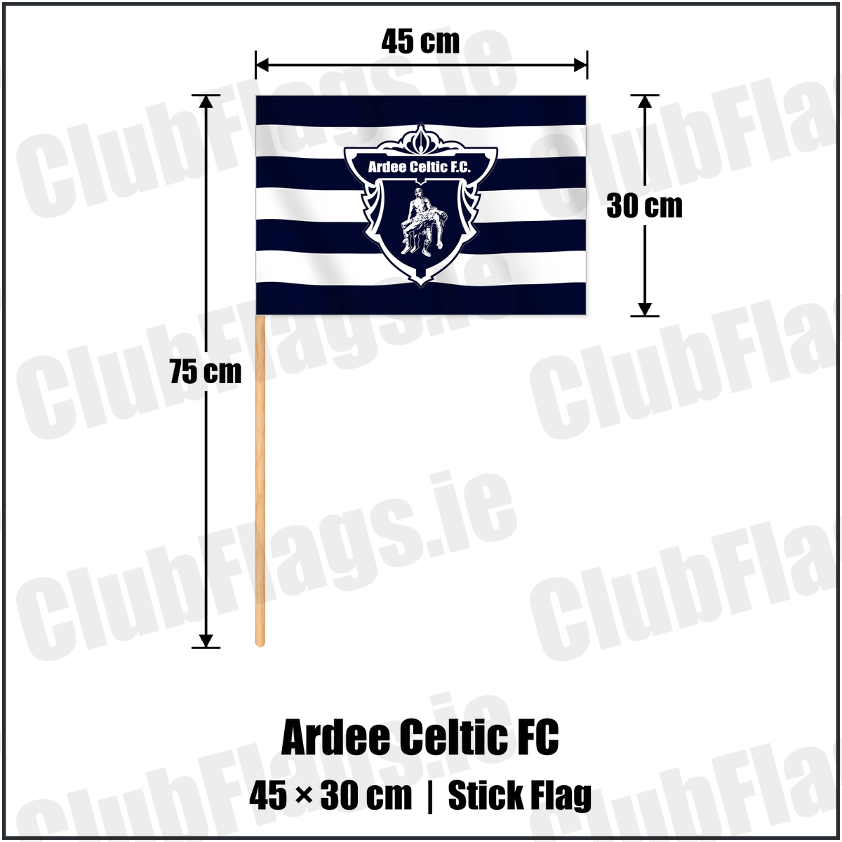 Ardee Celtic FC 30cm x 45cm Stick Flag with the club crest and colours, Louth Football - ClubFlags.ie