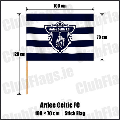 Ardee Celtic FC 70cm x 100cm Stick Flag with the club crest and colours, Louth Football - ClubFlags.ie