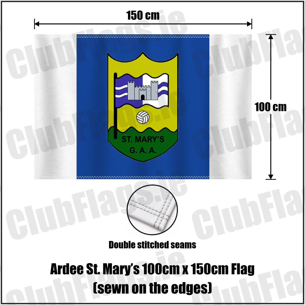 Ardee St. Mary’s 100cm x 150cm Flag (sewn on the edges), featuring the club crest and blue and white colours; County Louth GAA. ClubFlags.ie.