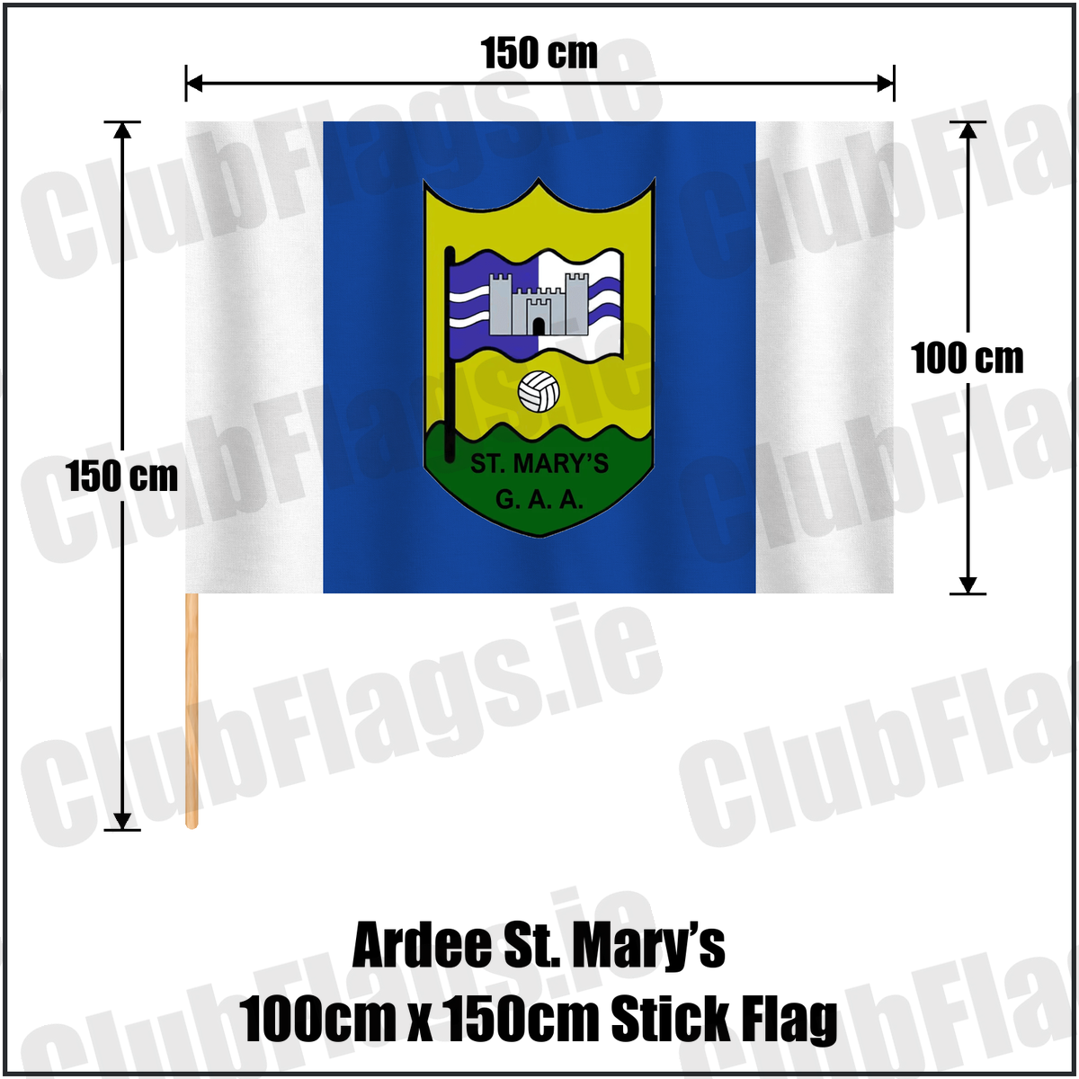 Ardee St. Mary’s 100cm x 150cm Stick Flag, featuring the club crest and blue and white colours; County Louth GAA. ClubFlags.ie.