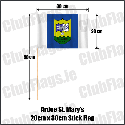 Ardee St. Mary’s 20cm x 30cm Stick Flag, featuring the club crest and blue and white colours; County Louth GAA. ClubFlags.ie.