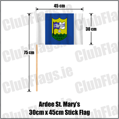 Ardee St. Mary’s 30cm x 45cm Stick Flag, featuring the club crest and blue and white colours; County Louth GAA. ClubFlags.ie.