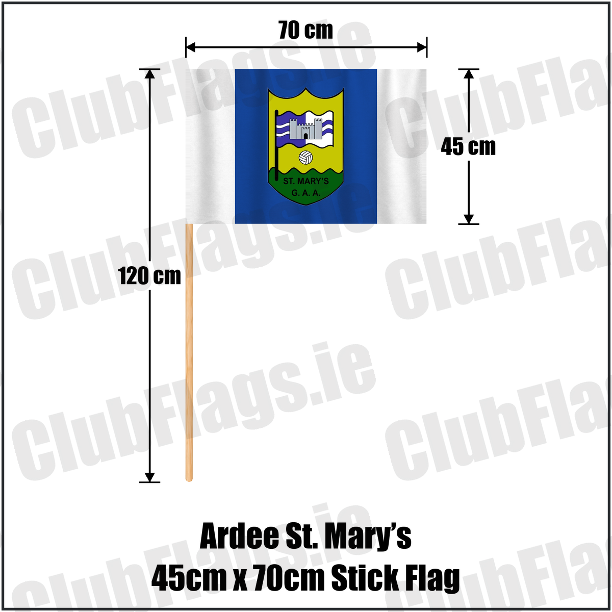 Ardee St. Mary’s 45cm x 70cm Stick Flag, featuring the club crest and blue and white colours; County Louth GAA. ClubFlags.ie.