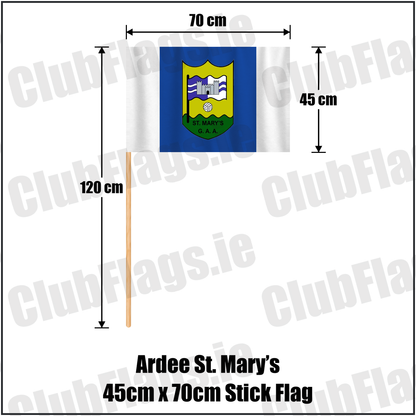 Ardee St. Mary’s 45cm x 70cm Stick Flag, featuring the club crest and blue and white colours; County Louth GAA. ClubFlags.ie.