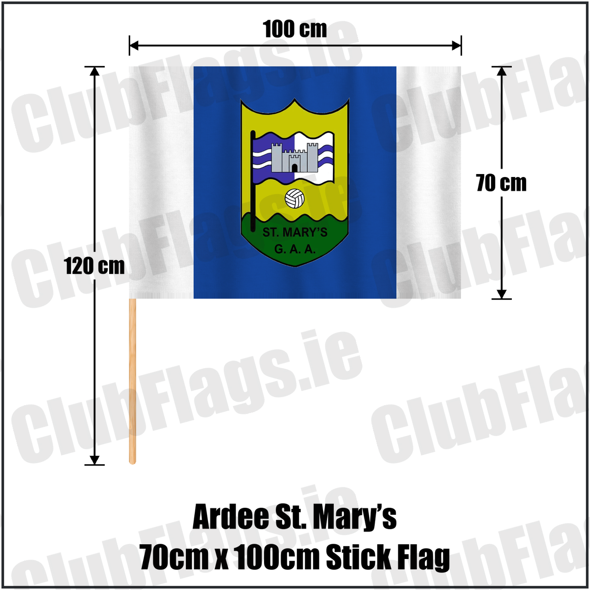 Ardee St. Mary’s 70cm x 100cm Stick Flag, featuring the club crest and blue and white colours; County Louth GAA. ClubFlags.ie.