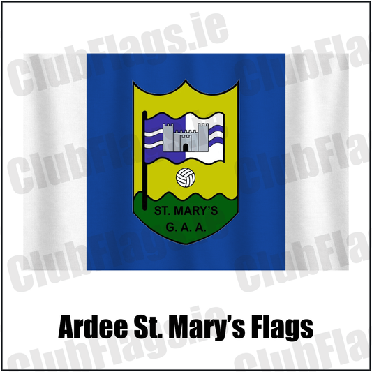 Ardee St. Mary’s Flags, featuring the club crest and blue and white colours; County Louth GAA. ClubFlags.ie.
