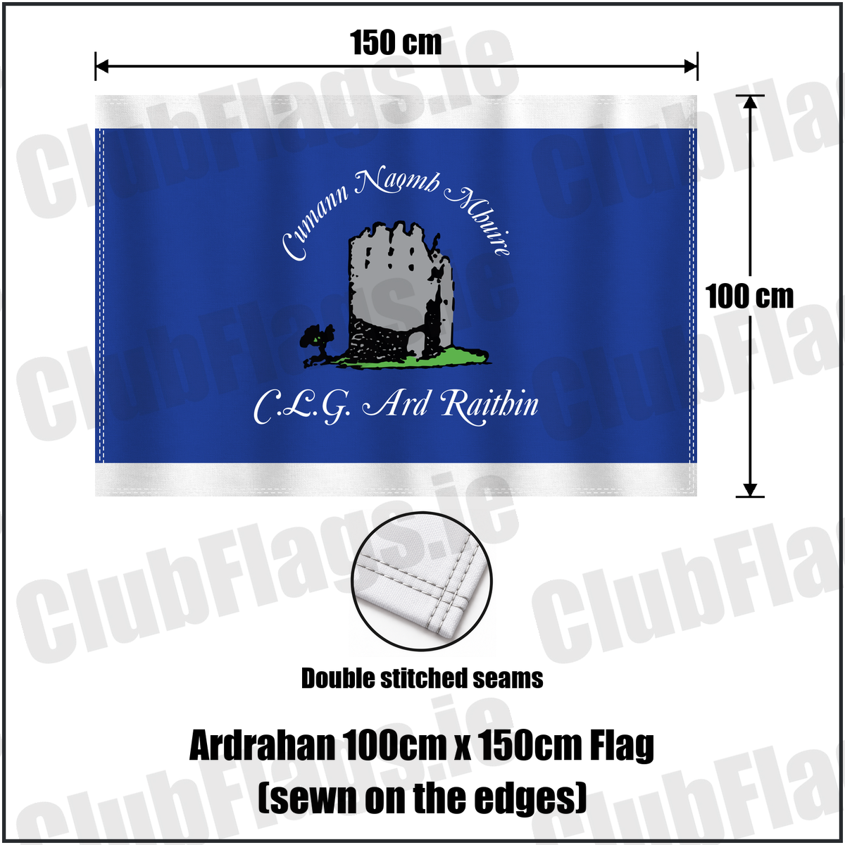Ardrahan 100cm x 150cm Flag (sewn on the edges), featuring the club crest and royal blue and white colours; County Galway GAA. ClubFlags.ie.