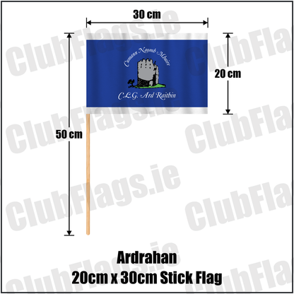 Ardrahan 20cm x 30cm Stick Flag, featuring the club crest and royal blue and white colours; County Galway GAA. ClubFlags.ie.