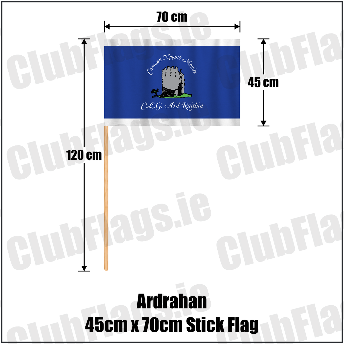 Ardrahan 45cm x 70cm Stick Flag, featuring the club crest and royal blue and white colours; County Galway GAA. ClubFlags.ie.