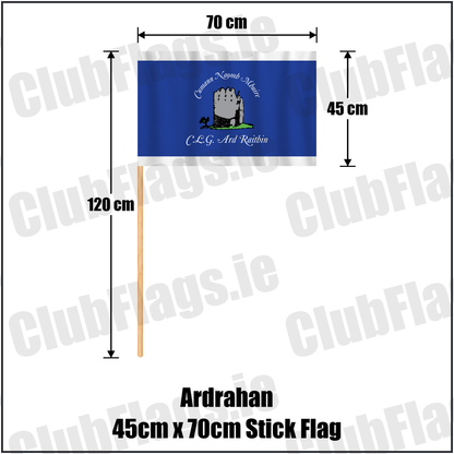 Ardrahan 45cm x 70cm Stick Flag, featuring the club crest and royal blue and white colours; County Galway GAA. ClubFlags.ie.