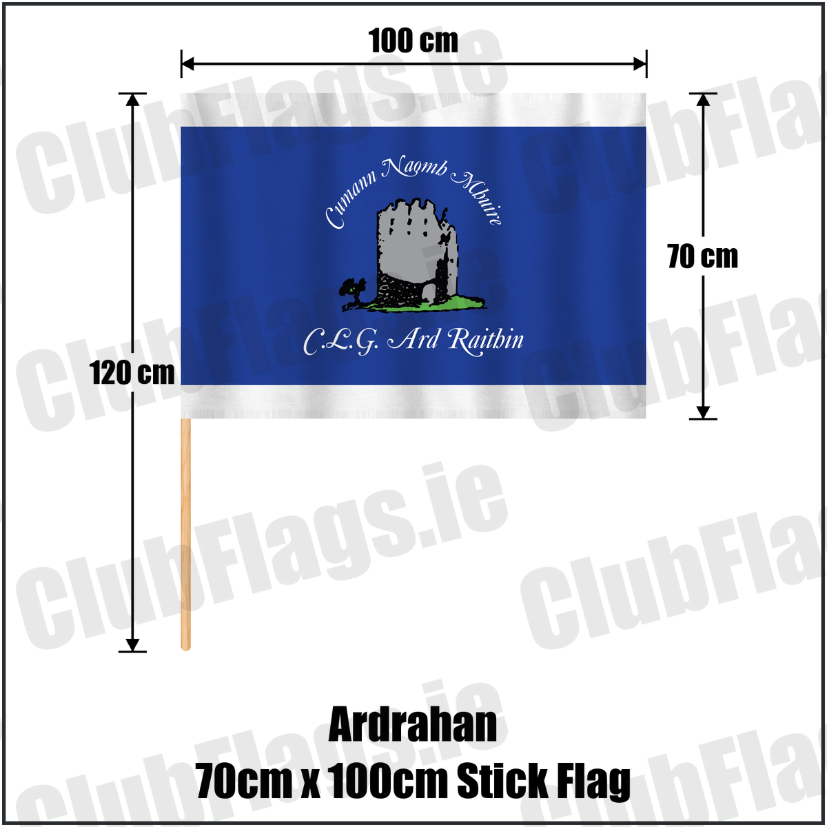 Ardrahan 70cm x 100cm Stick Flag, featuring the club crest and royal blue and white colours; County Galway GAA. ClubFlags.ie.
