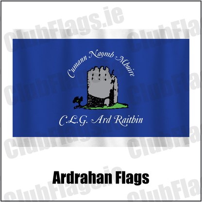 Ardrahan Flags, featuring the club crest and royal blue and white colours; County Galway GAA. ClubFlags.ie.