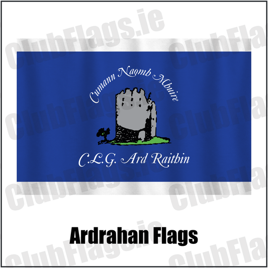 Ardrahan Flags, featuring the club crest and royal blue and white colours; County Galway GAA. ClubFlags.ie.