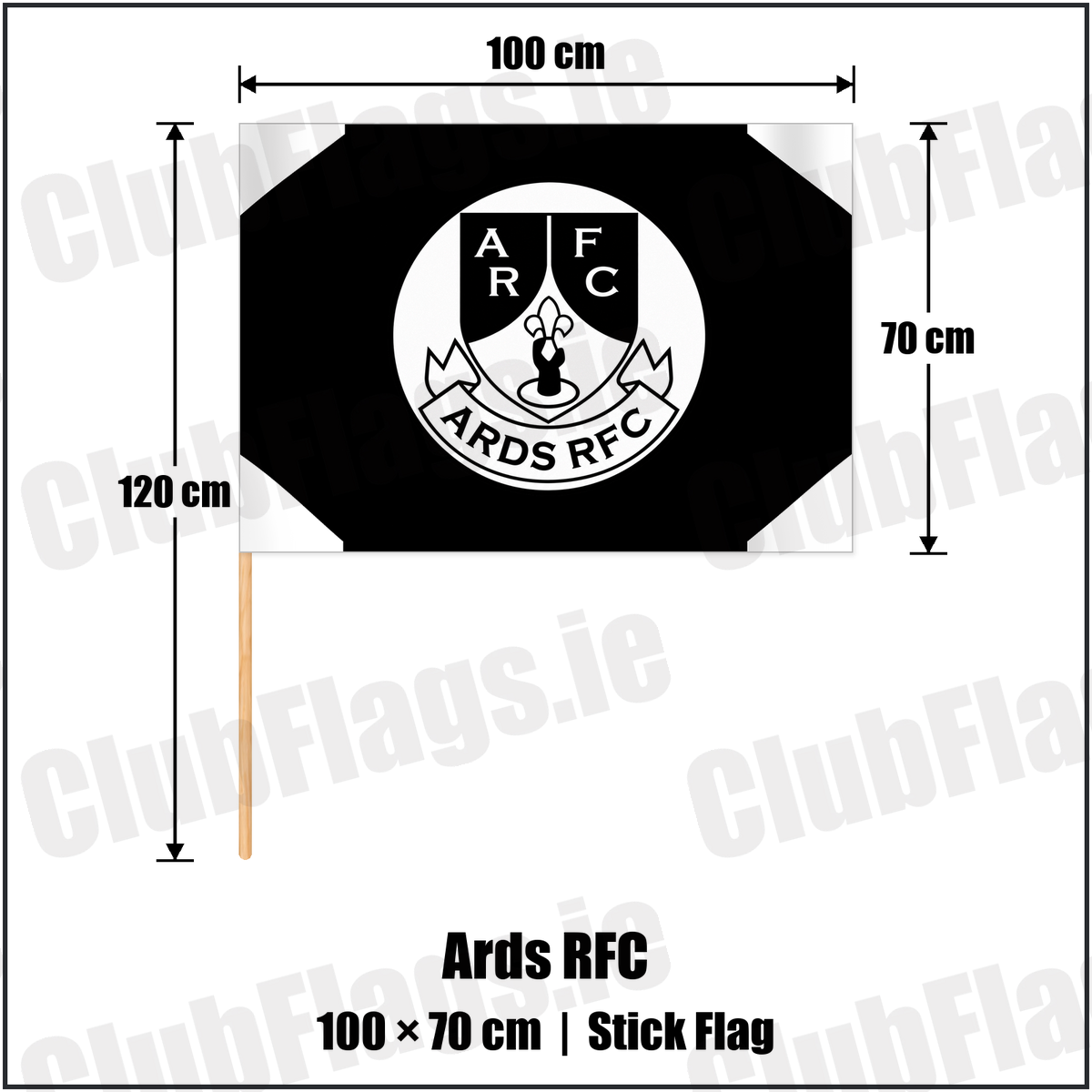 Ards RFC 70cm x 100cm Stick Flag with the club crest and colours, Down Rugby - ClubFlags.ie