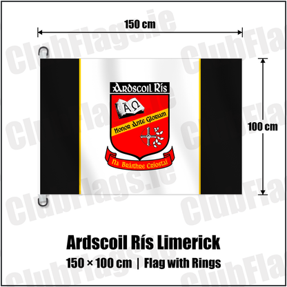 Ardscoil Rís Limerick 150cm x 100cm Flag Pole Flag with Rings with the club crest and colours, Limerick GAA - ClubFlags.ie