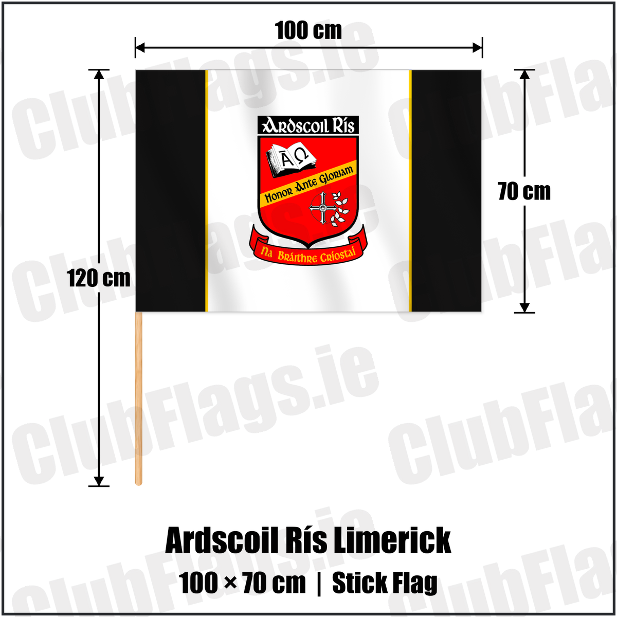 Ardscoil Rís Limerick 70cm x 100cm Stick Flag with the club crest and colours, Limerick GAA - ClubFlags.ie