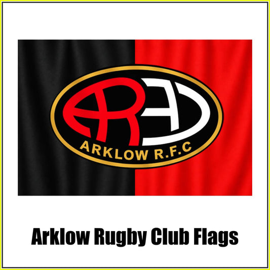 Arklow Rugby Club, County Wicklow, black and red flag with the gold-bordered oval ARKLOW R.F.C crest; square club-flags product image.