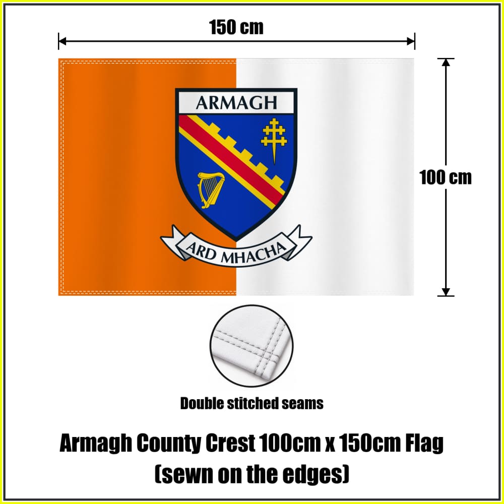 Armagh county crest 100 × 150 cm sewn-edge flag in orange and white, with dimension arrows and a double-stitch seam close-up.