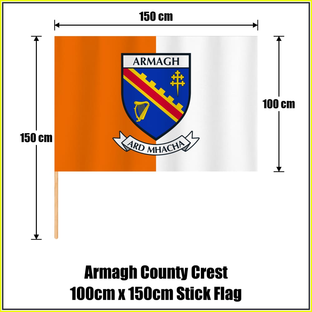 Armagh county crest 100 × 150 cm stick flag in orange and white, with a 150 cm wooden stick and dimension arrows.