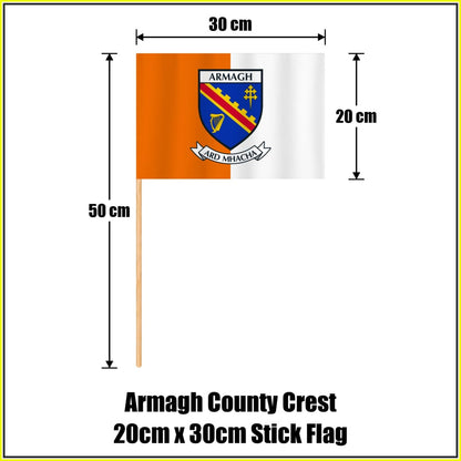 Armagh county crest 20 × 30 cm stick flag in orange and white, with a 50 cm wooden stick and dimension arrows.