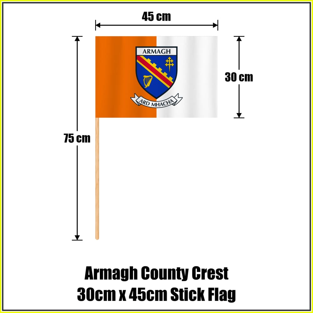 Armagh county crest 30 × 45 cm stick flag in orange and white, with a 75 cm wooden stick and dimension arrows.