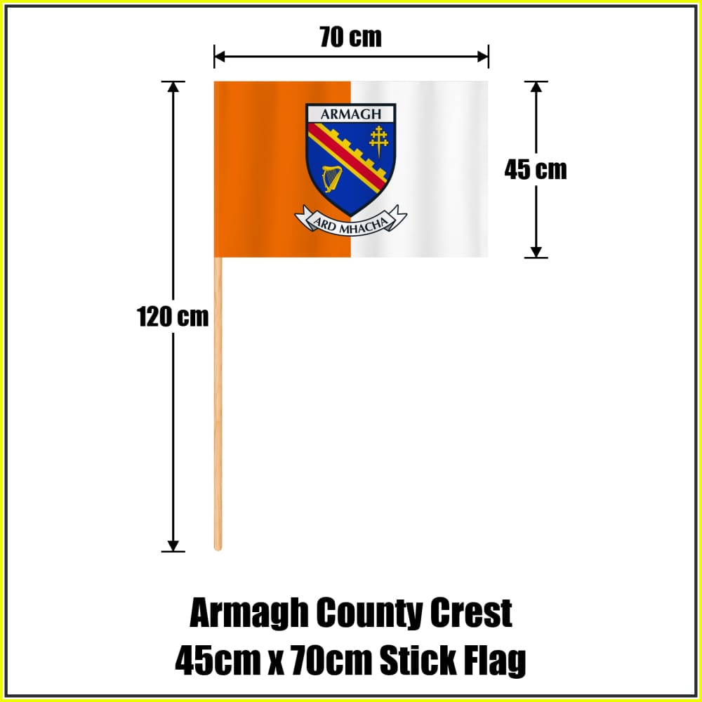 Armagh county crest 45 × 70 cm stick flag in orange and white, with a 120 cm wooden stick and dimension arrows.