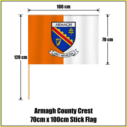 Armagh county crest 70 × 100 cm stick flag in orange and white, with a 120 cm wooden stick and dimension arrows.