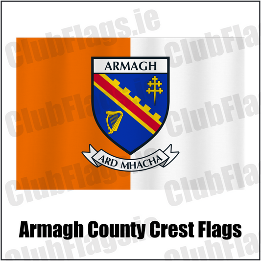 Armagh county crest flag in orange and white, with county name and crest.