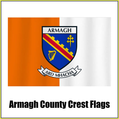 Armagh county crest flag in orange and white, with county name and crest.