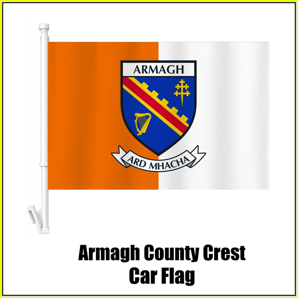 Armagh county crest car flag in orange and white, on a white plastic window mount.
