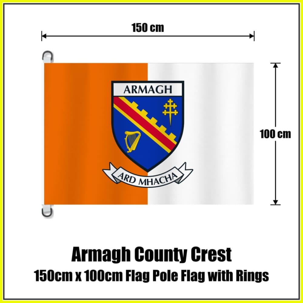 Armagh county crest flag, 150 cm wide × 100 cm high, in orange and white, with two dark attachment rings on white tabs and no pole.