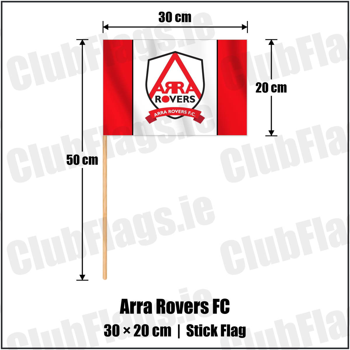 Arra Rovers FC 20cm x 30cm Stick Flag with the verified club crest and colours, Tipperary Football - ClubFlags.ie