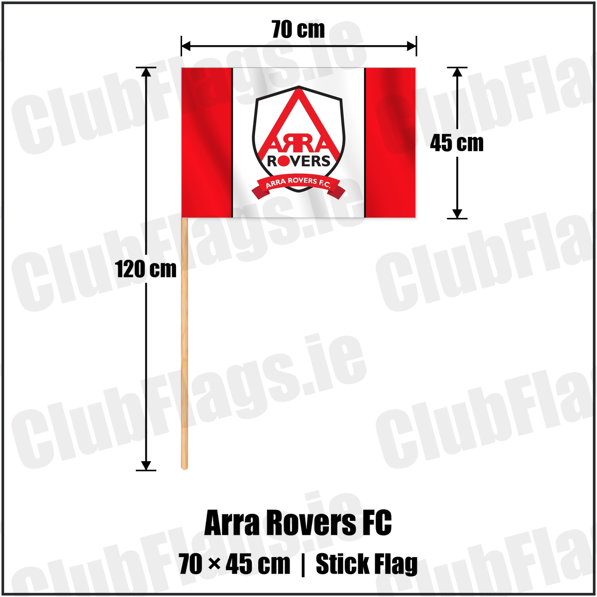 Arra Rovers FC 45cm x 70cm Stick Flag with the verified club crest and colours, Tipperary Football - ClubFlags.ie
