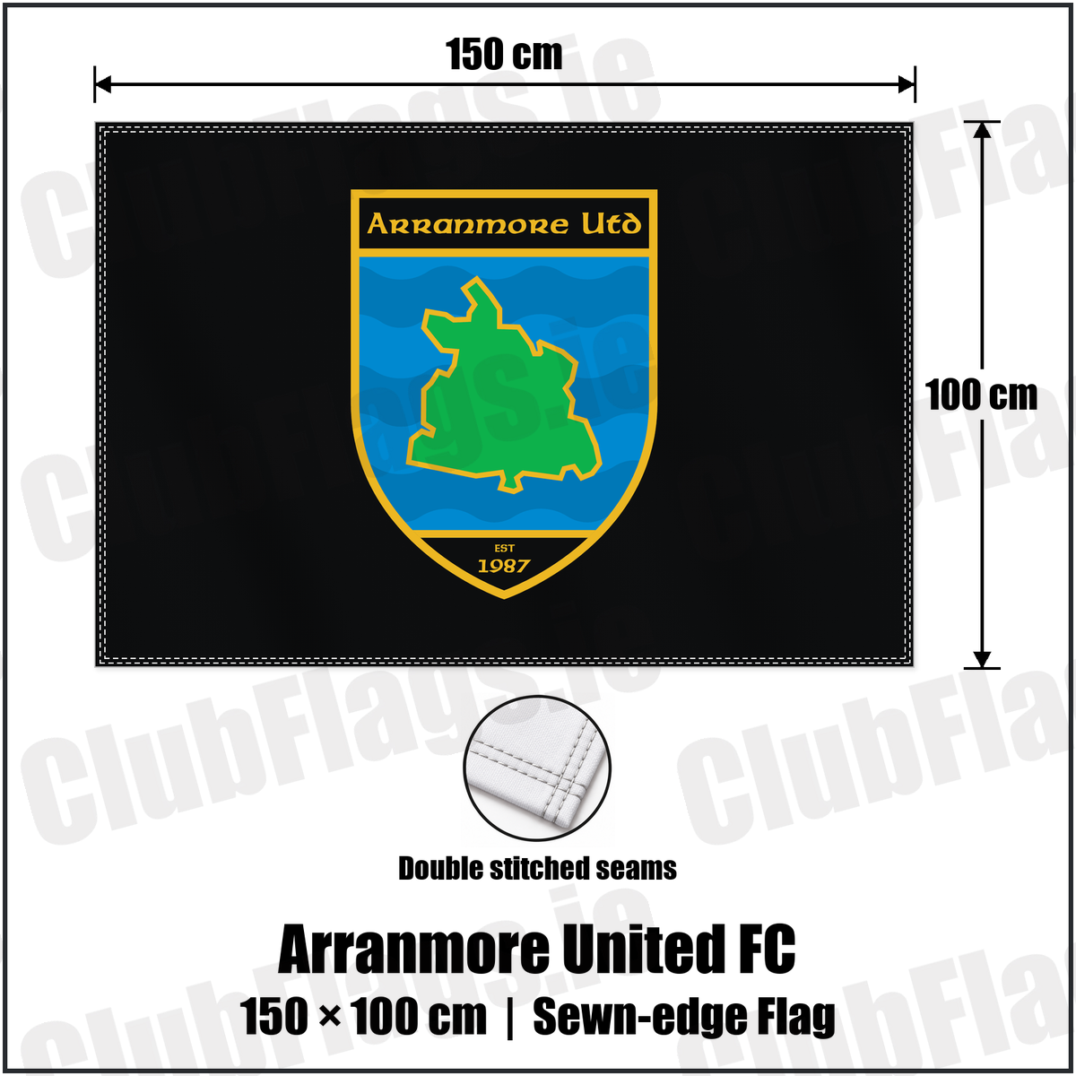 Arranmore United FC 100cm x 150cm Flag (sewn on the edges) with the club crest and colours, Donegal Football - ClubFlags.ie