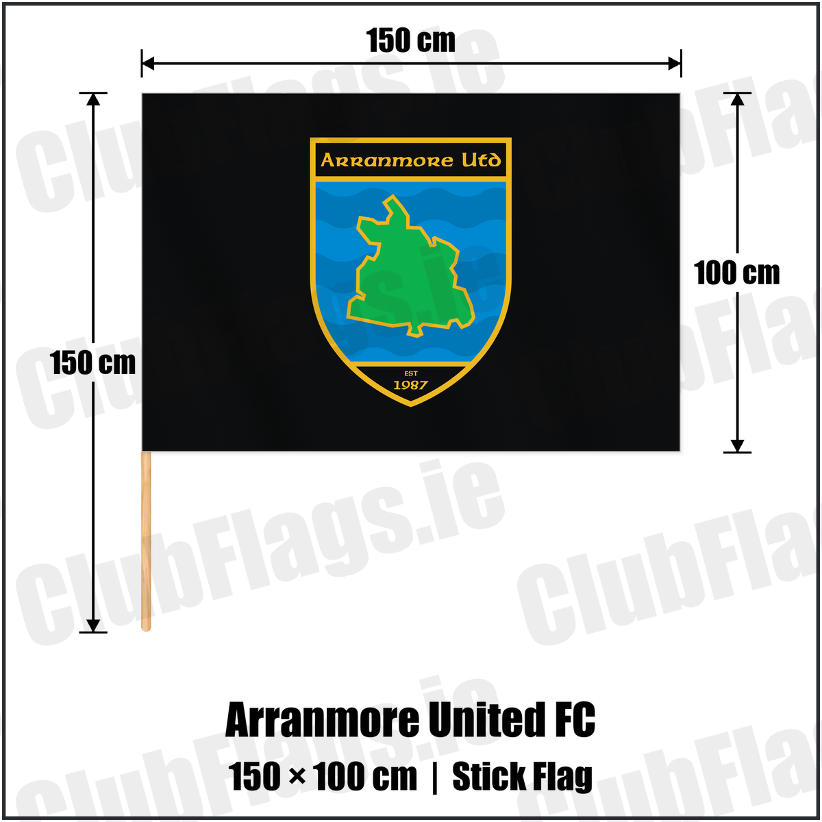 Arranmore United FC 100cm x 150cm Stick Flag with the club crest and colours, Donegal Football - ClubFlags.ie