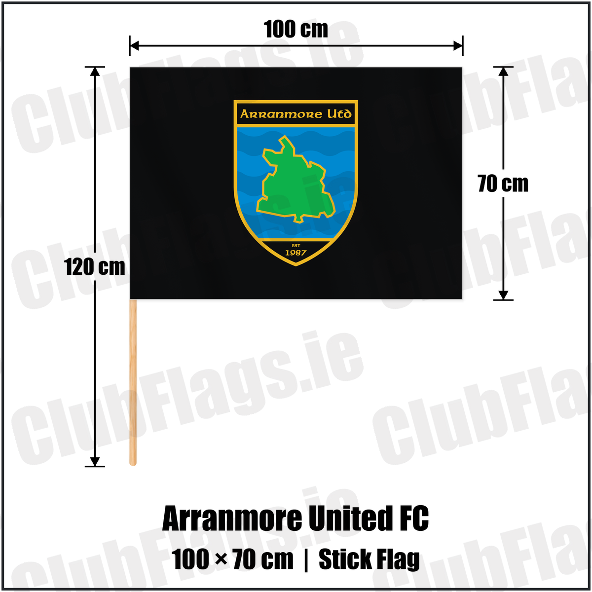 Arranmore United FC 70cm x 100cm Stick Flag with the club crest and colours, Donegal Football - ClubFlags.ie
