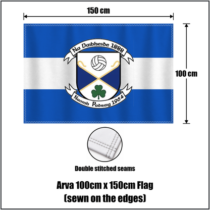 Arva 100cm x 150cm Flag (sewn on the edges), featuring the club crest and blue and white colours; County Cavan GAA. ClubFlags.ie.