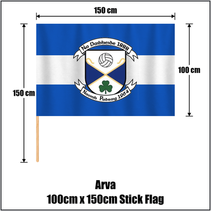 Arva 100cm x 150cm Stick Flag, featuring the club crest and blue and white colours; County Cavan GAA. ClubFlags.ie.