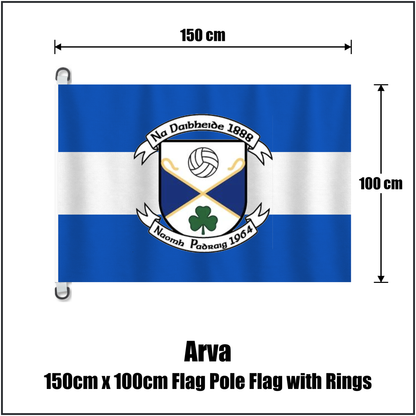 Arva 150cm x 100cm Flag Pole Flag with Rings, featuring the club crest and blue and white colours; County Cavan GAA. ClubFlags.ie.