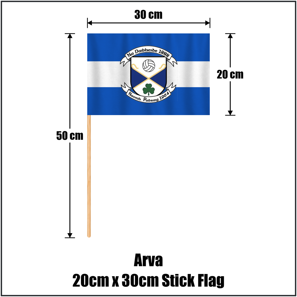 Arva 20cm x 30cm Stick Flag, featuring the club crest and blue and white colours; County Cavan GAA. ClubFlags.ie.